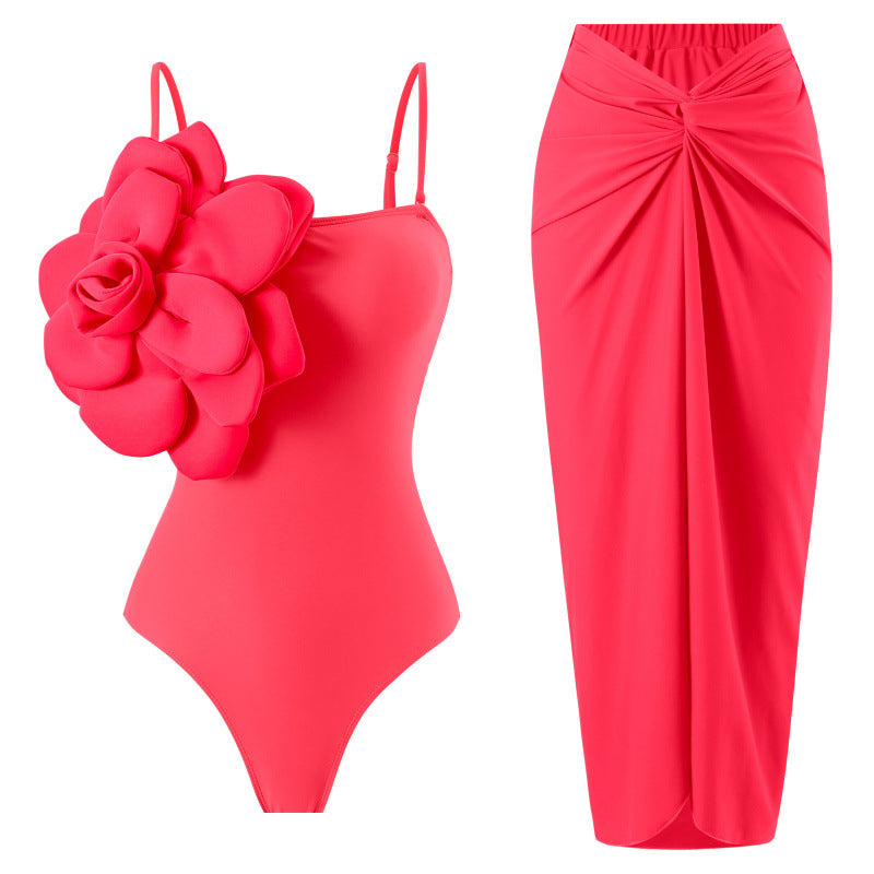 Damen Einteiler Badeanzug mit modischem Blumendesign und passendem Wickelrock R&B