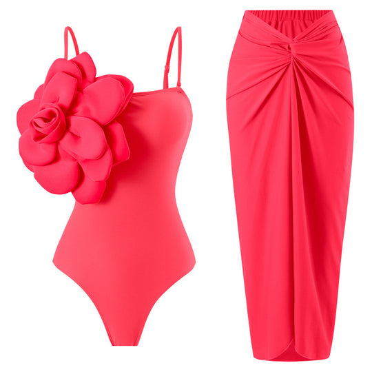 Damen Einteiler Badeanzug mit modischem Blumendesign und passendem Wickelrock R&B
