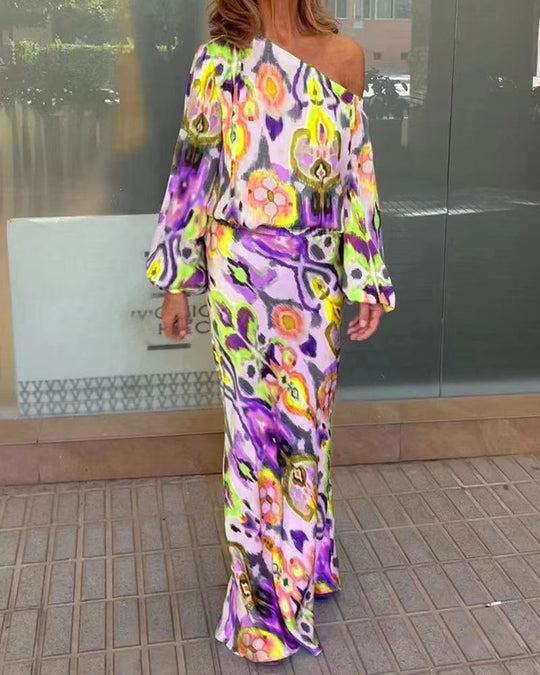 Damen Elegantes Maxikleid im grafischen Batikdesign mit Off-Shoulder-Ausschnitt und voluminösen Ärmeln R&B
