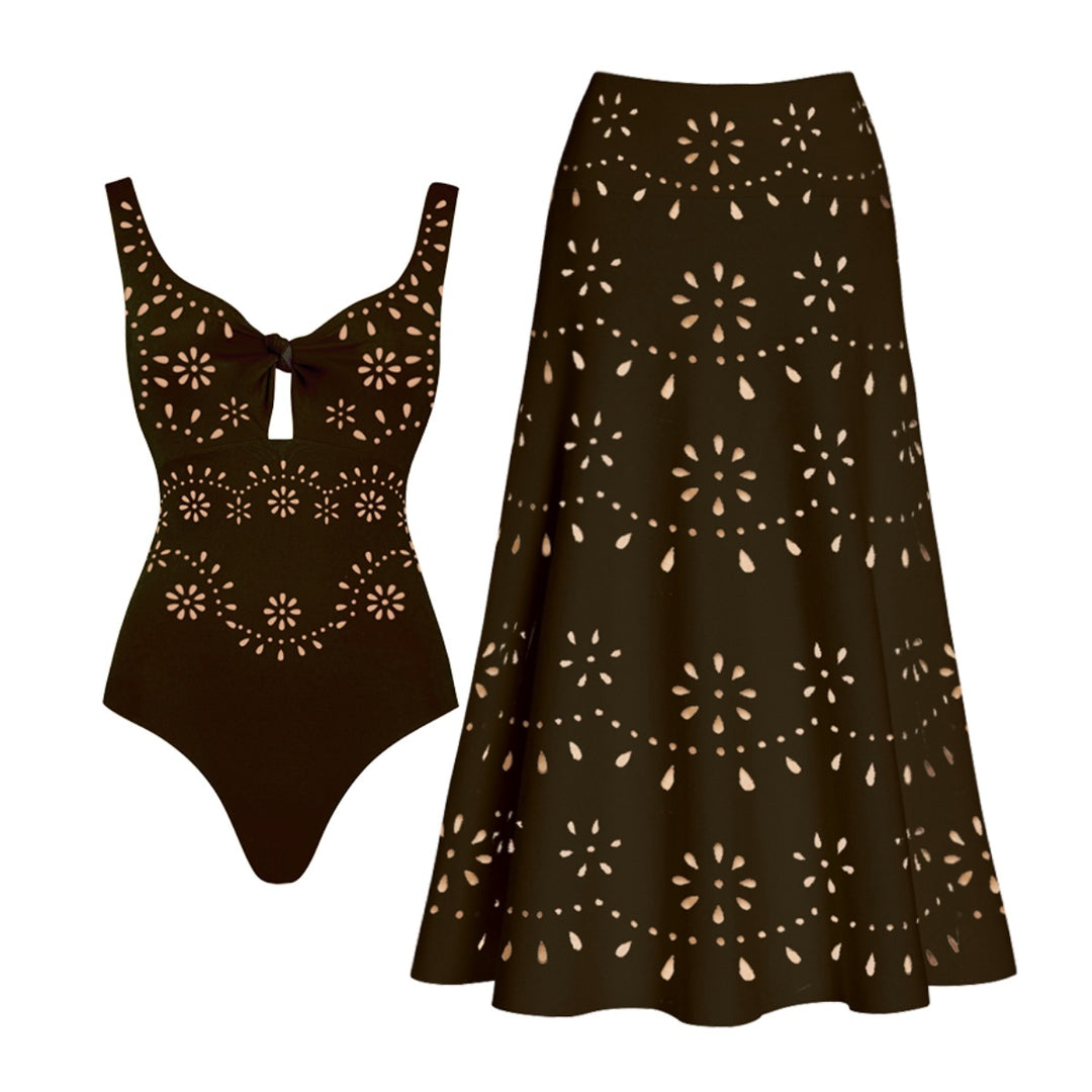 Damen Badeanzug und Rock-Set mit floralem Cut-Out Design R&B