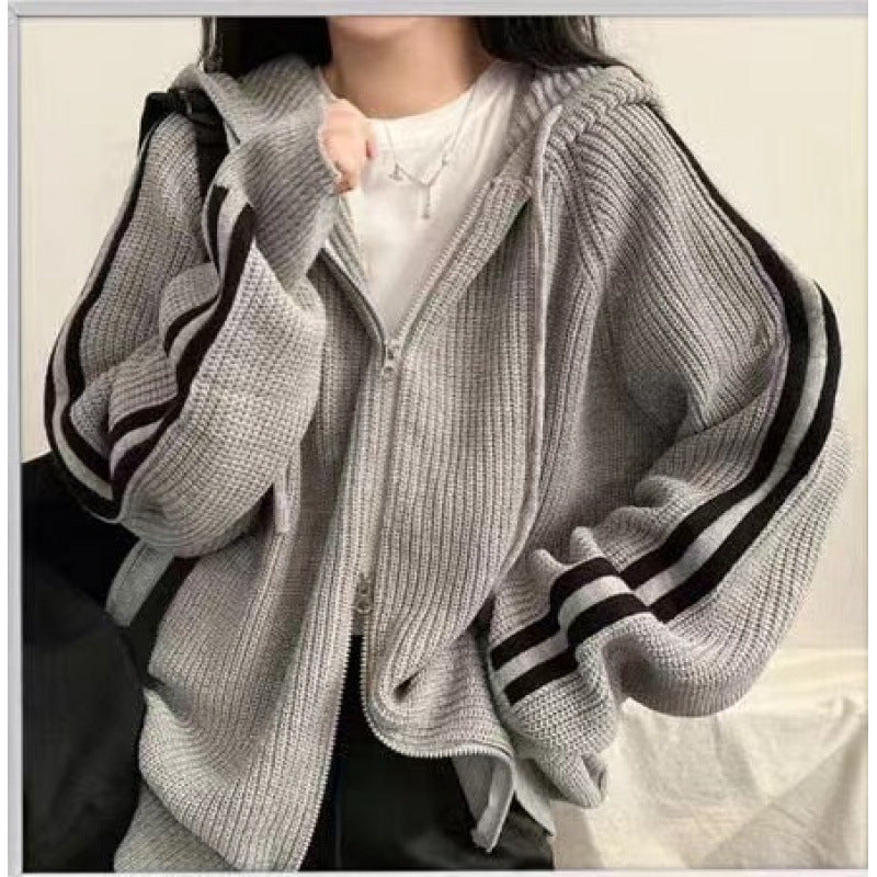 Damen lässiger Strickhoodie mit tiefem V-Ausschnitt und seitlichen Streifen R&B