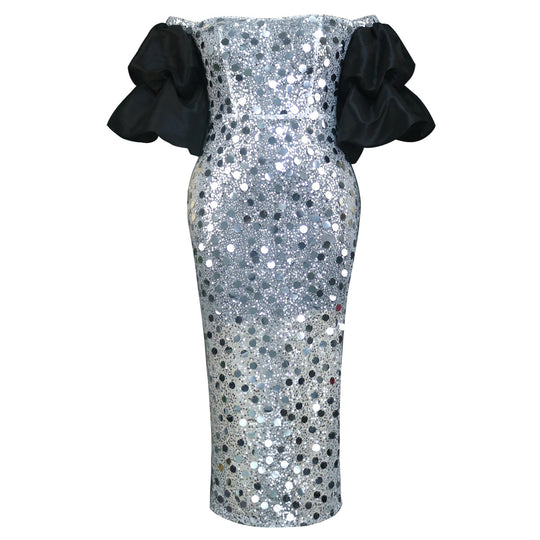 Damen Glitzerndes Abendkleid mit voluminösen Puffärmeln R&B