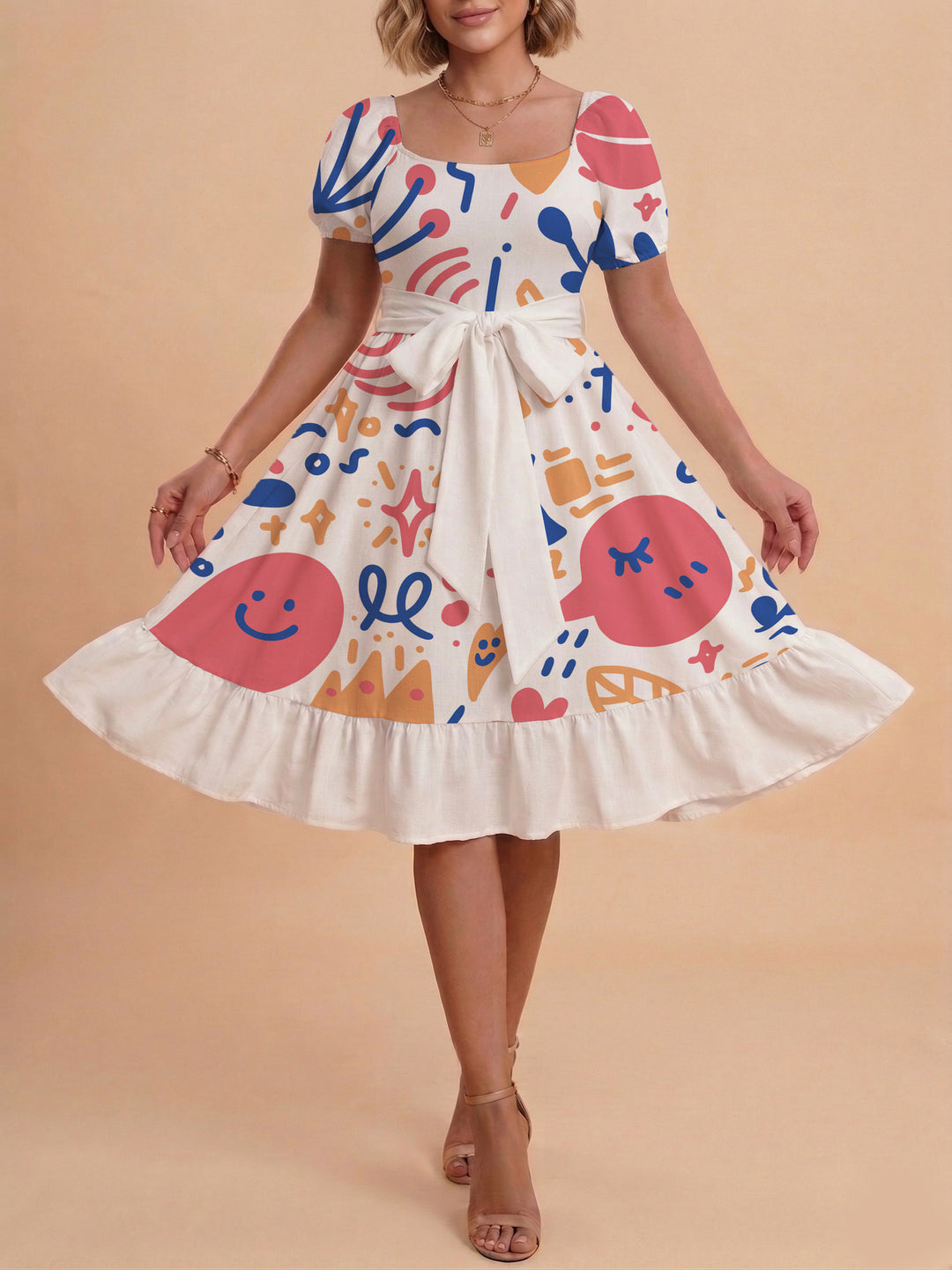 Damen Sommerkleid mit floralem Puffärmel und taillierbarem Gürtel R&B