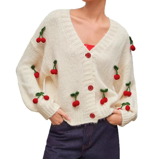 Damen verspielter Strickcardigan mit Kirschapplikationen R&B