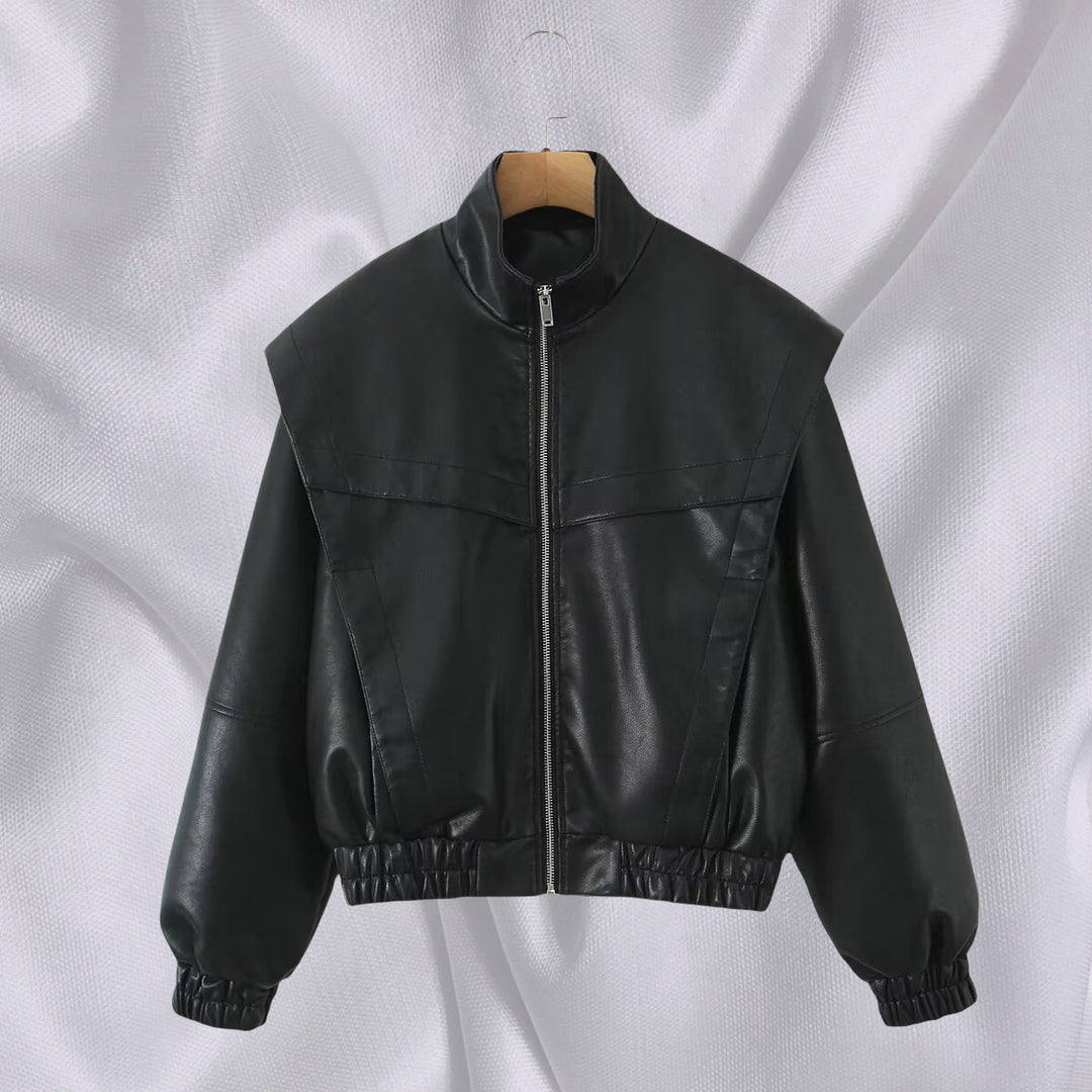 Damen elegante Kunstlederjacke mit hohem Kragen R&B
