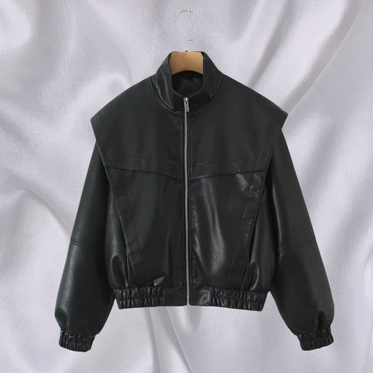 Damen elegante Kunstlederjacke mit hohem Kragen R&B
