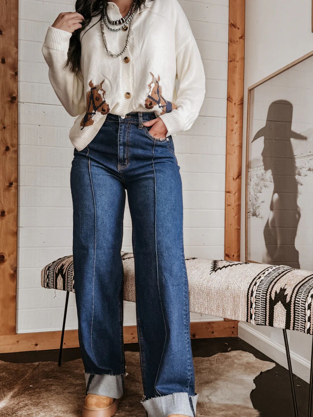 Damen weite High-Waist Jeans mit einzigartigen Kontrastnähten und lässigem Look R&B