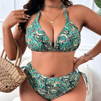 Damen Hochgeschnittener Triangel-Bikini mit floralen Mustern und verstellbaren Trägern R&B