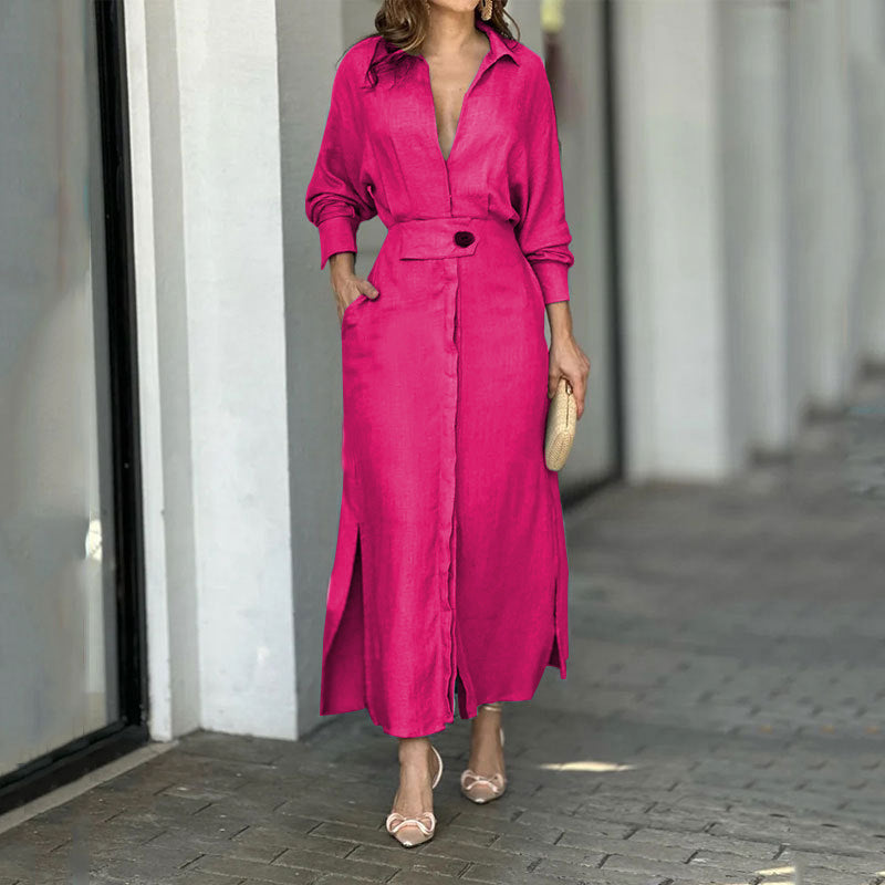 Damen Maxikleid aus leichtem Leinen mit eleganter Knopfleiste und praktischen Seitenschlitzen R&B