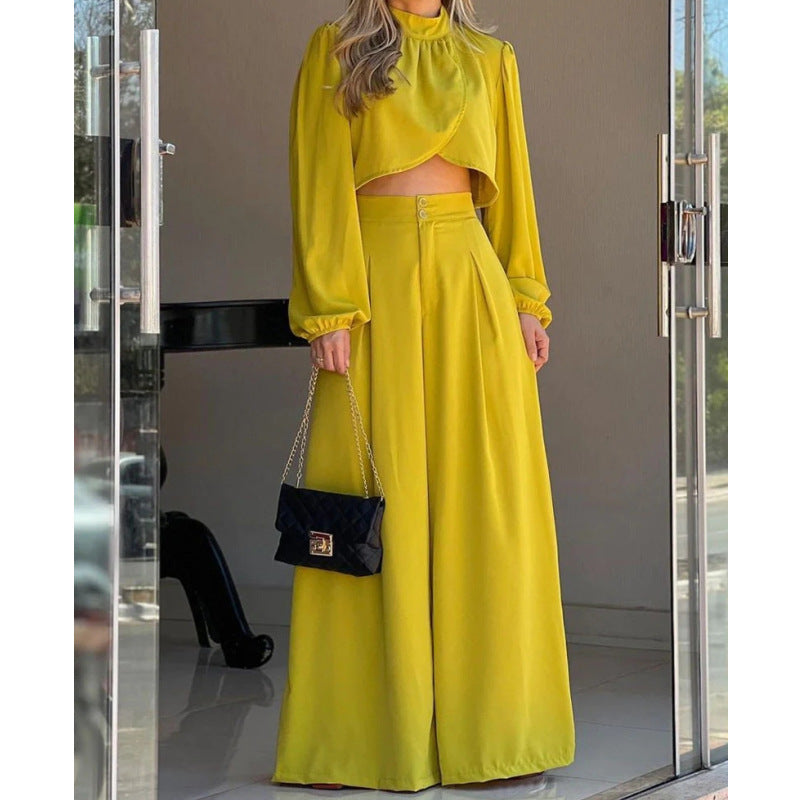 Damen Modisches Zweiteiler-Set mit elegantem Cropped-Oberteil und weit geschnittenen Hosen R&B