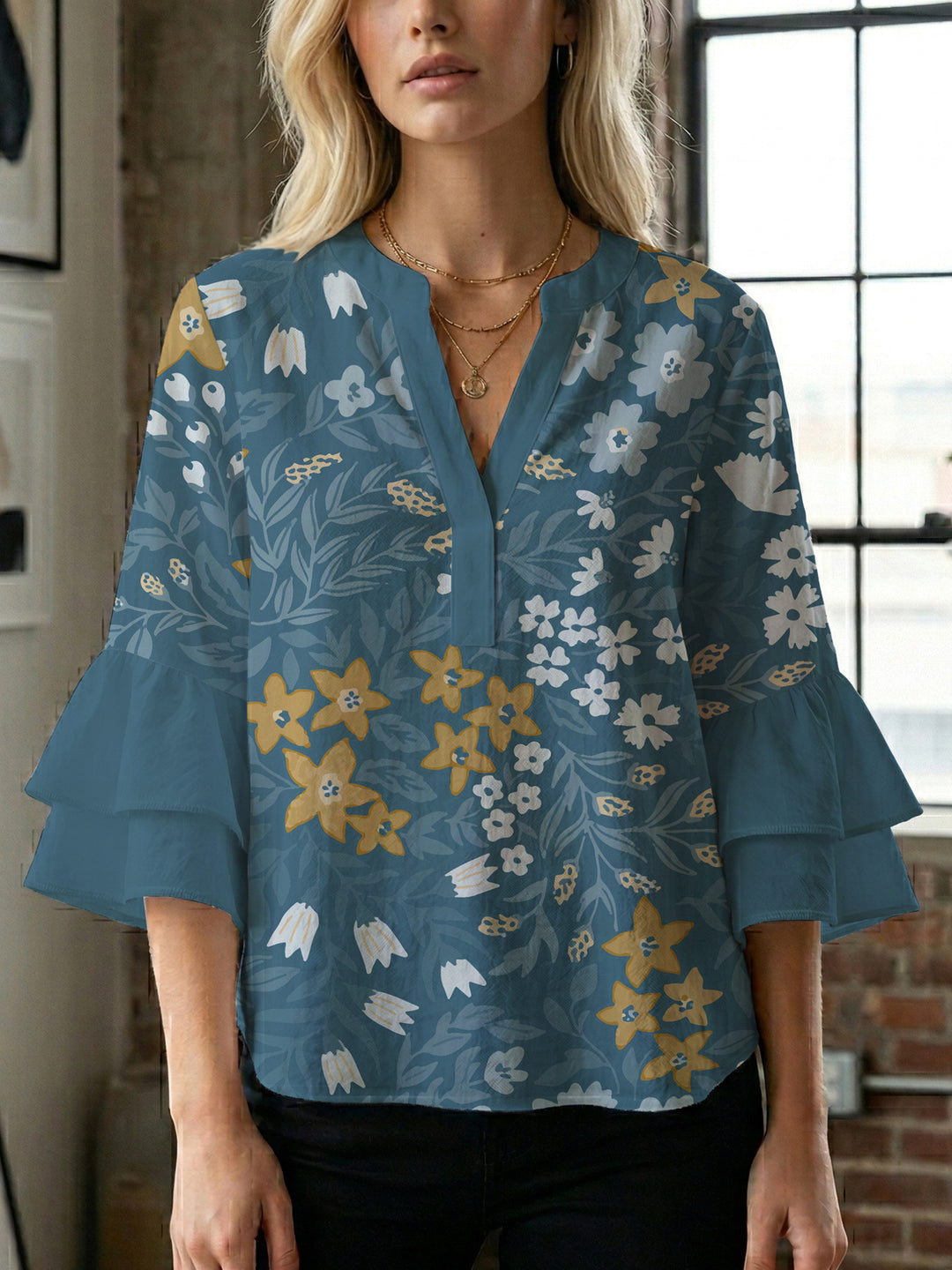 Damen Bluse mit voluminösen Ärmeln und floralem Design R&B