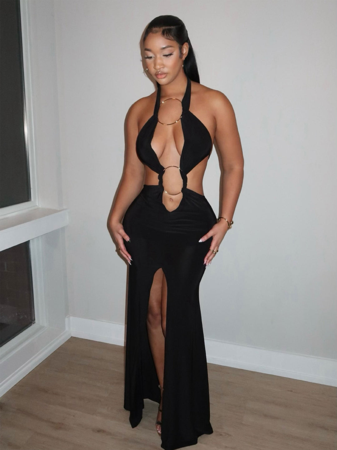 Damen aufregendes Maxikleid mit tiefem V-Ausschnitt und eleganten Raffungselementen R&B