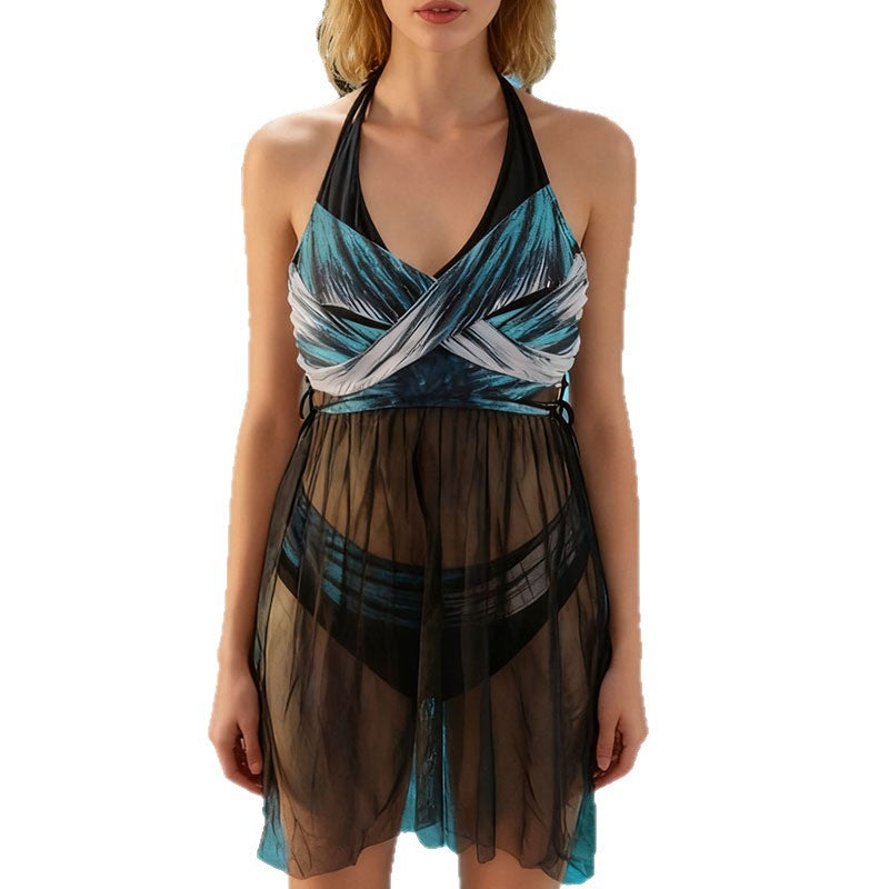 Damen Strandkleid mit elegantem Wickel-Design und transparenter Overlay R&B