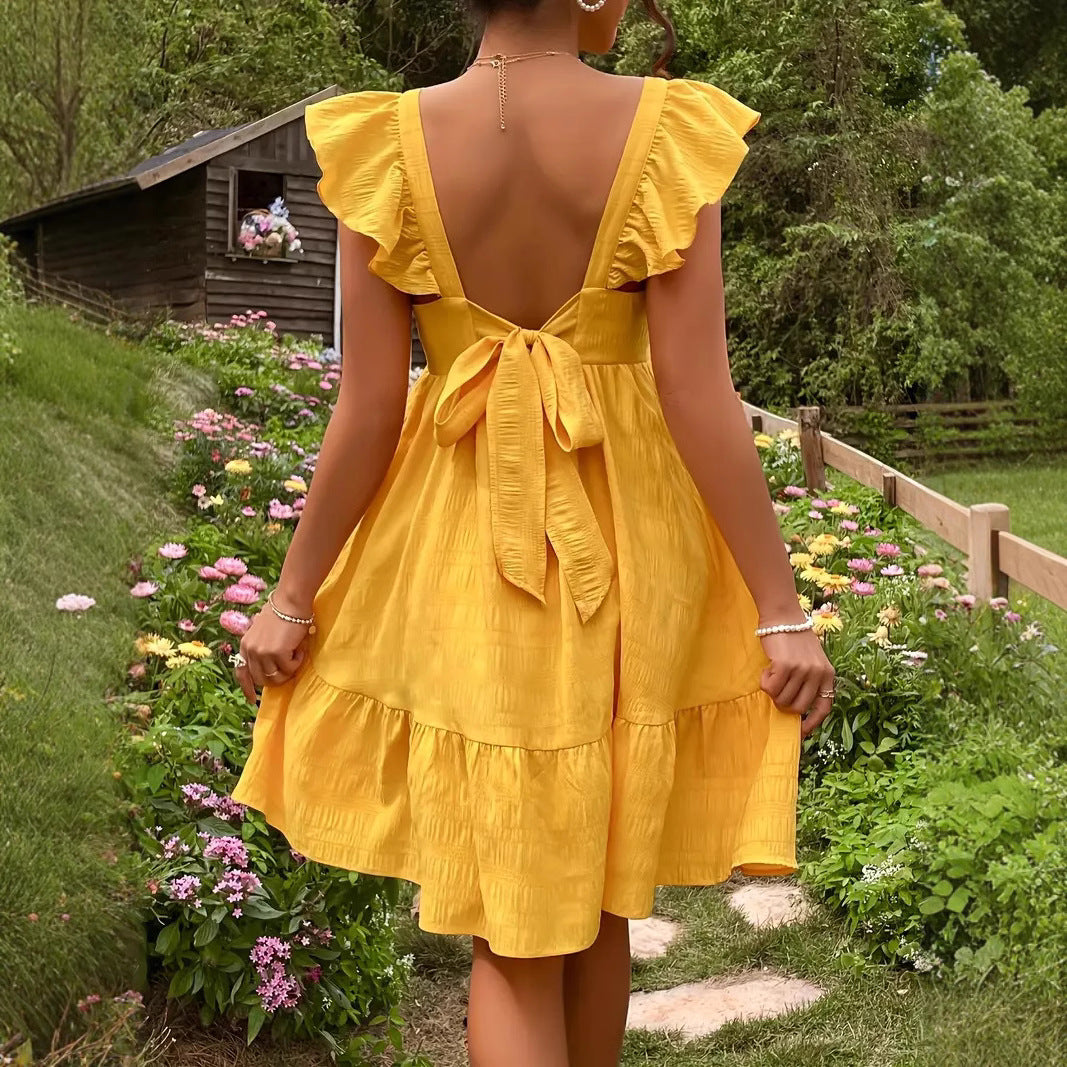 Damen luftiges Baumwollkleid mit Rüschendetails und offenen Rücken R&B