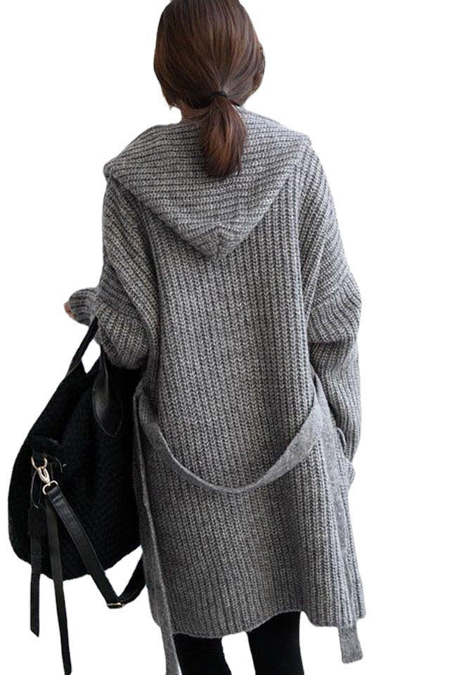 Damen Grobstrick-Longcardigan mit Kapuze und offenen Fronten R&B