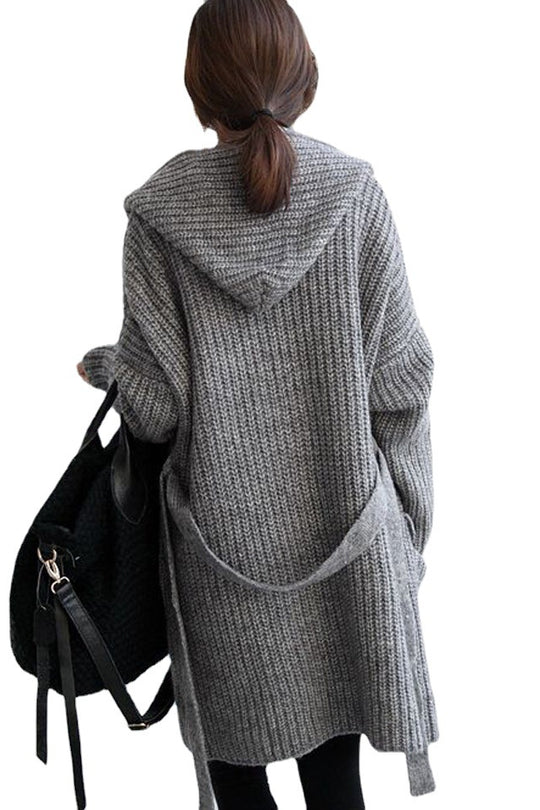 Damen Grobstrick-Longcardigan mit Kapuze und offenen Fronten R&B