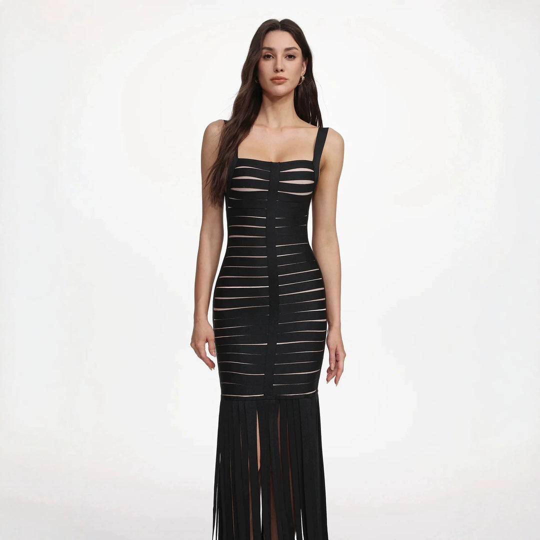 Damen Elegantes Abendkleid mit raffiniertem Streifen-Design und Fransen R&B