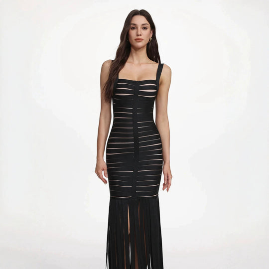 Damen Elegantes Abendkleid mit raffiniertem Streifen-Design und Fransen R&B