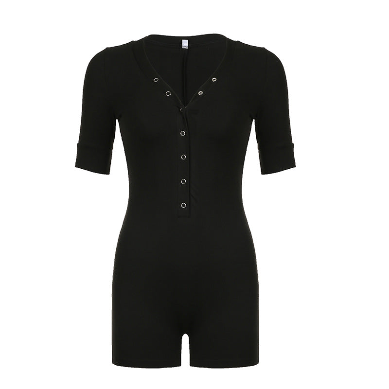 Damen Figurenbetonter Jumpsuit mit modischem V-Ausschnitt und praktischen Knopfdetails R&B