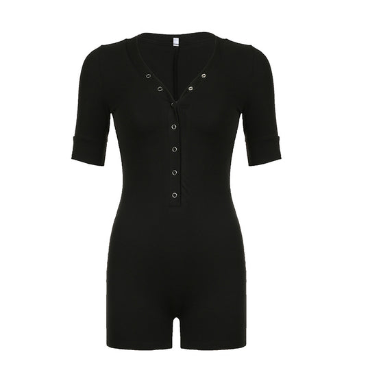 Damen Figurenbetonter Jumpsuit mit modischem V-Ausschnitt und praktischen Knopfdetails R&B