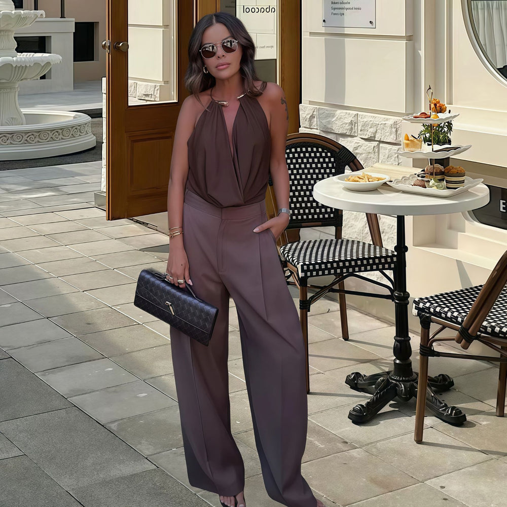 Damen Elegantes Maxikleid mit Drapierung und tiefem V-Ausschnitt R&B