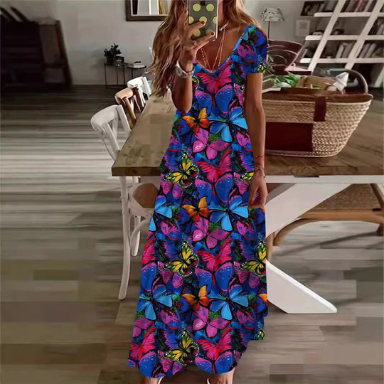 Damen Maxikleid mit stilvollem Blumen- und Tiermotiv R&B