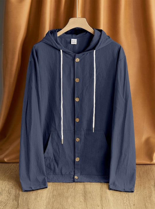 Herren nan leichte Kapuzenjacke mit Knopfleiste, Kängurutasche und Tunnelzug R&B
