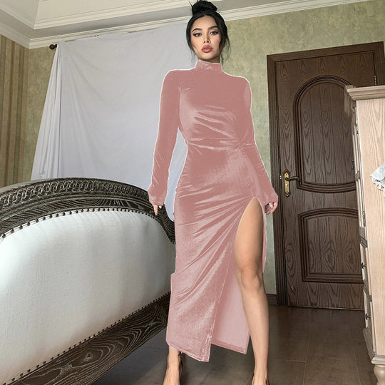 Damen Elegantes Samt-Maxi-Kleid mit hohem Schlitz und Stehkragen R&B