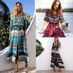 Damen Maxikleid mit farbenfrohen Mustern und seitlichen Schlitzen R&B