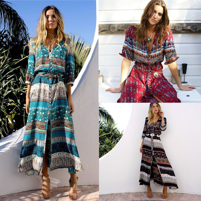 Damen Maxikleid mit farbenfrohen Mustern und seitlichen Schlitzen R&B