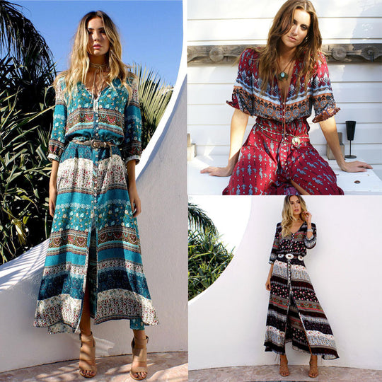 Damen Maxikleid mit farbenfrohen Mustern und seitlichen Schlitzen R&B