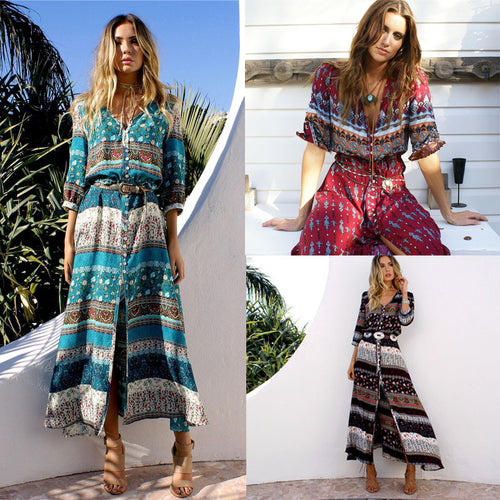 Damen Maxikleid mit farbenfrohen Mustern und seitlichen Schlitzen R&B