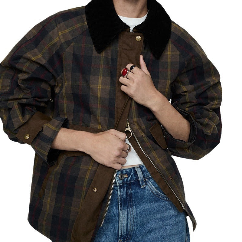 Damen Karierte Jacke mit weichem Cordkragen R&B