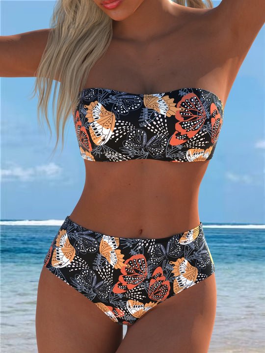 Damen Bandeau-Bikini mit hohem Taillenschnitt und kontrastierendem Blumendesign R&B