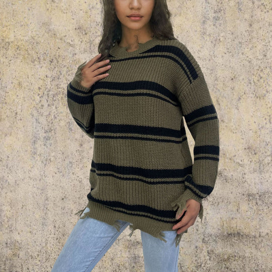 Damen lässiger Strickpullover mit Boho-Details und Fransen R&B