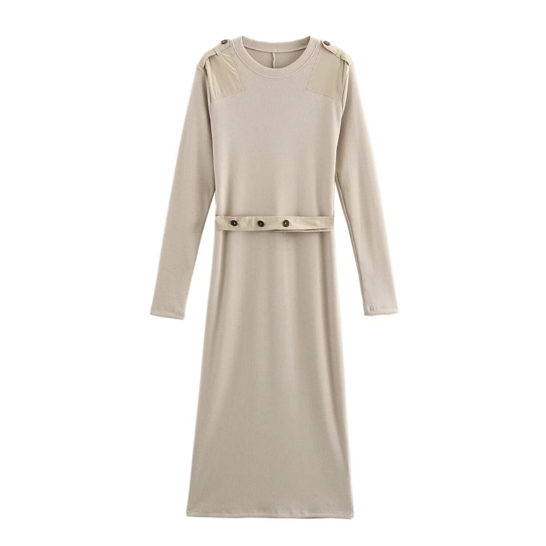 Damen Langarm-Kleid mit dekorativem Gürtel und Schulterdetails R&B