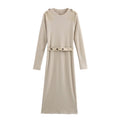 Damen Langarm-Kleid mit dekorativem Gürtel und Schulterdetails R&B
