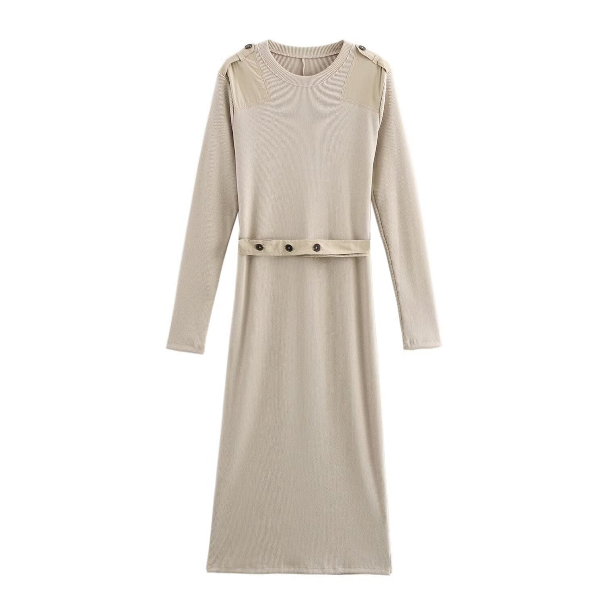Damen Langarm-Kleid mit dekorativem Gürtel und Schulterdetails R&B