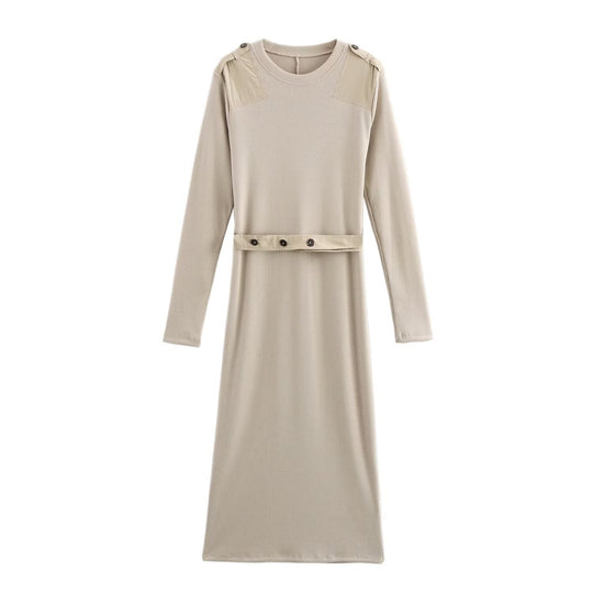 Damen Langarm-Kleid mit dekorativem Gürtel und Schulterdetails R&B