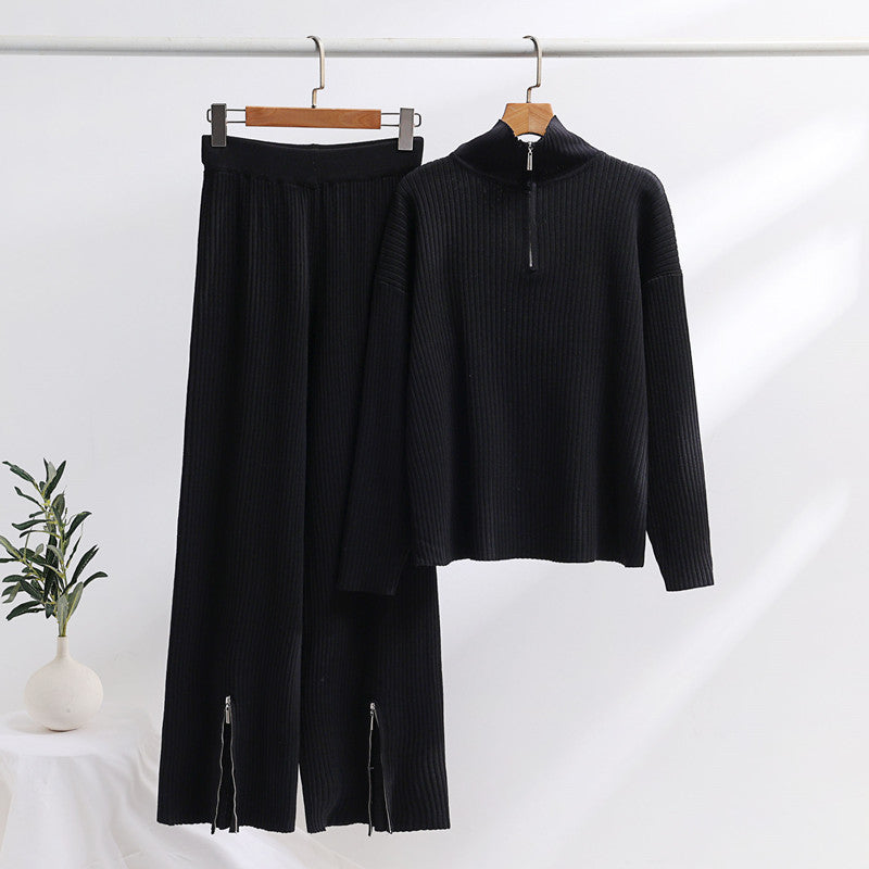Damen lässiges Strickensemble mit hohem Kragen und seitlichen Schlitzen R&B