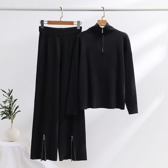 Damen lässiges Strickensemble mit hohem Kragen und seitlichen Schlitzen R&B