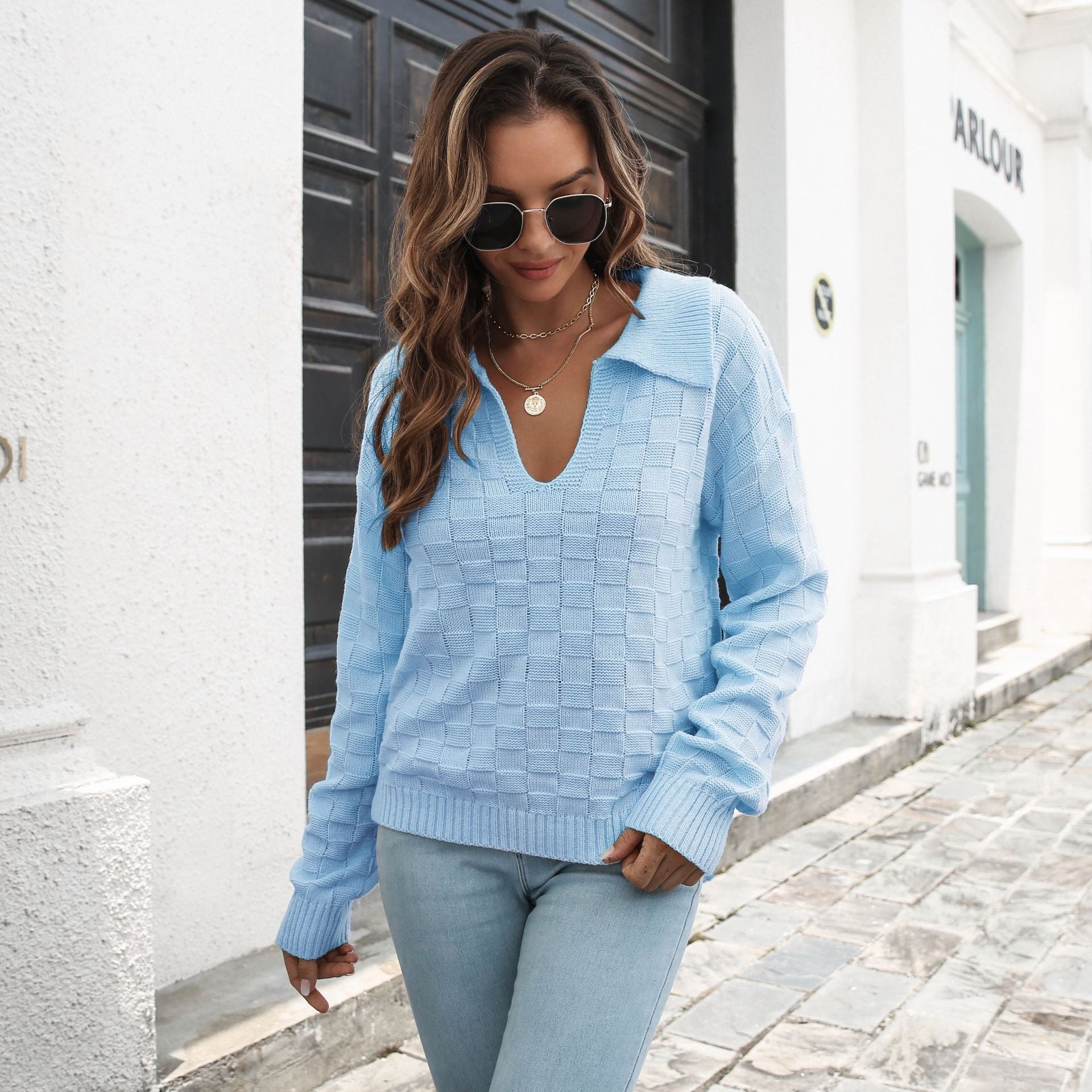 Damen Pullover mit modischem V-Ausschnitt und strukturiertem Muster R&B