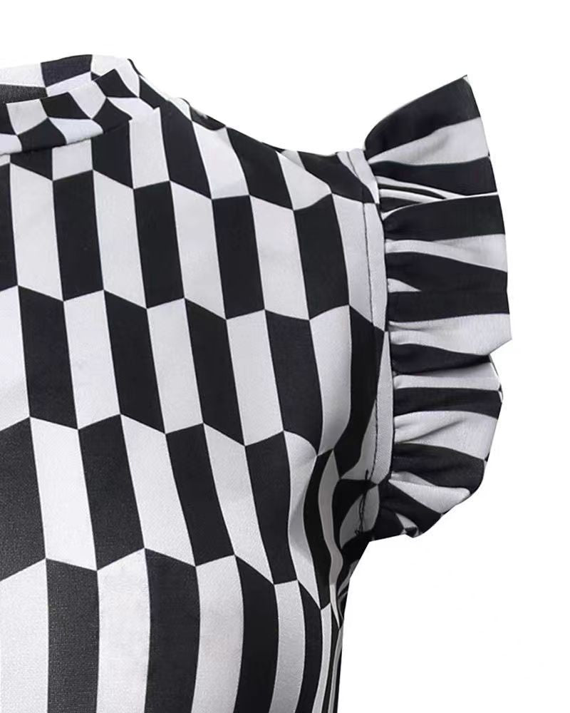 Damen figurbetontes Kleid mit Rüschendetails und geometrischem Muster R&B