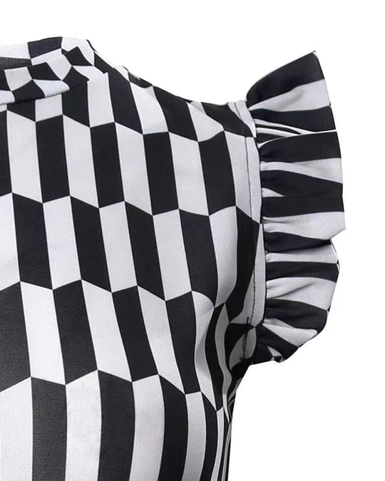 Damen figurbetontes Kleid mit Rüschendetails und geometrischem Muster R&B