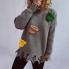 Damen lässiger Oversize-Pullover mit fransigen Details und bunten Applikationen R&B