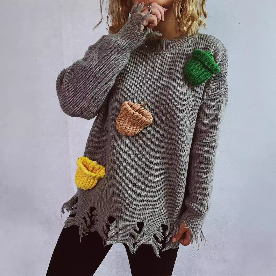 Damen lässiger Oversize-Pullover mit fransigen Details und bunten Applikationen R&B