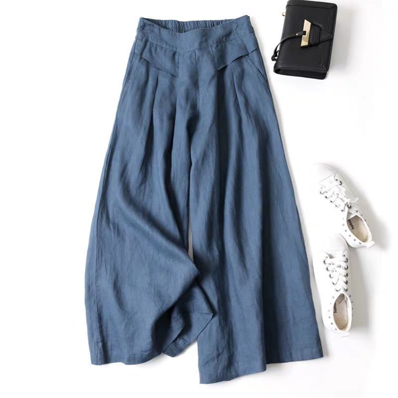 Damen Weit geschnittene Leinenhose mit hohem Bund und eleganten Falten R&B