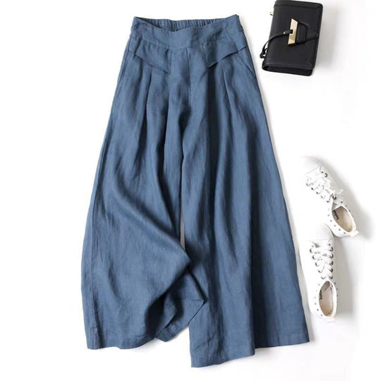 Damen Weit geschnittene Leinenhose mit hohem Bund und eleganten Falten R&B