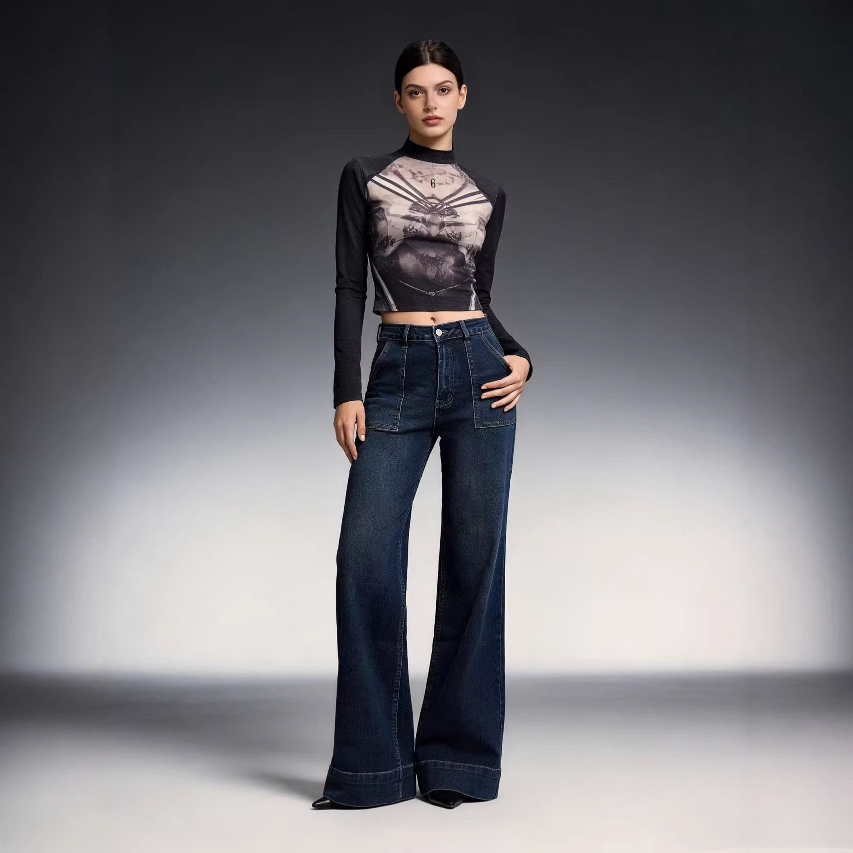 Damen High-Waist Weitbeinerhosen mit angesagtem Aufnäher