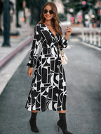 Damen Midikleid mit modernem geometrischen Muster und elastischem Bund R&B